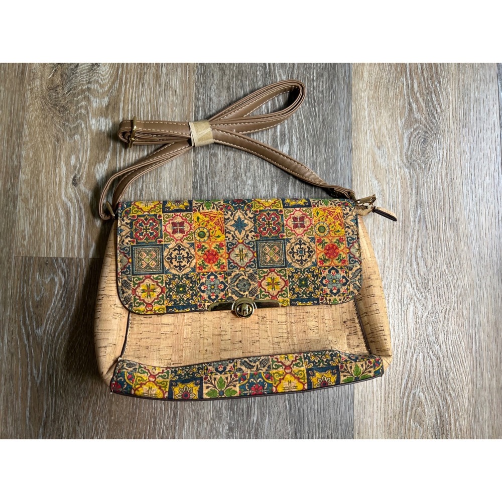 Cork Crossbody‎ Bag Womens Medium Tan Tile Print Mediterranean Boho